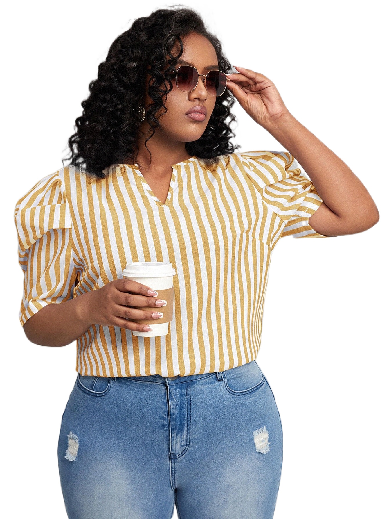 

plus Striped Puff Sleeve V Wired Blouse t3C5#, Yellow