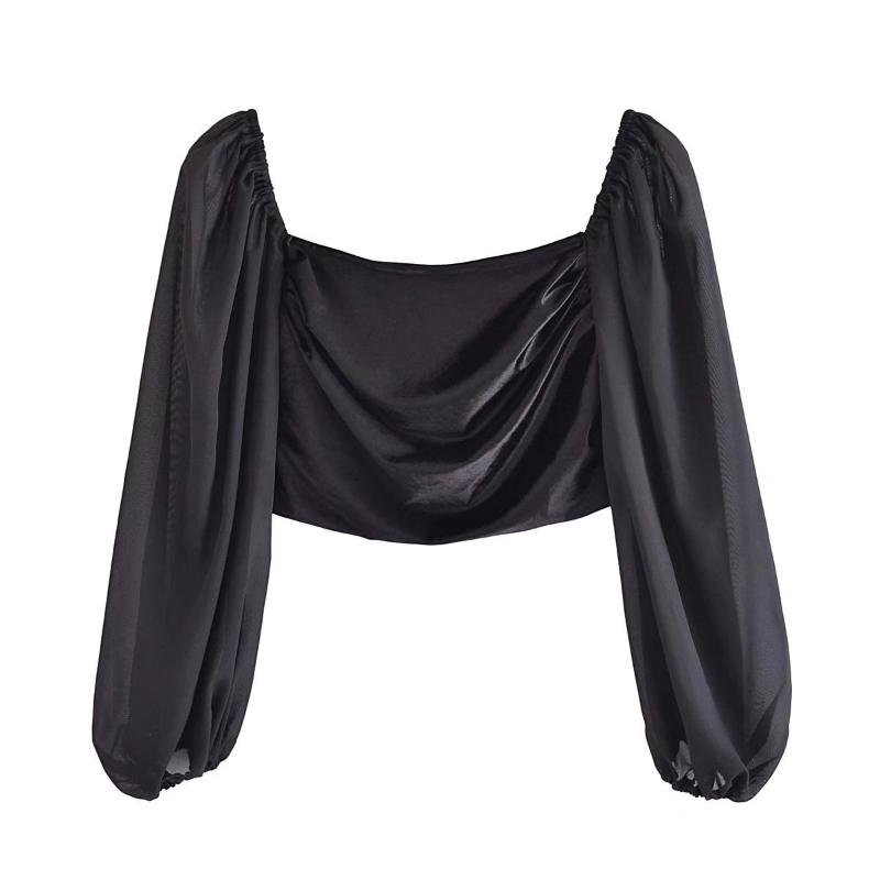 

Women' T-Shirt Fashion Summer And Autumn Sexy Backless Short Tops Women' Casual Puff Sleeves Velvet Shirts Black VestidoWomen