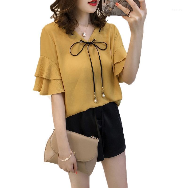 

Women V Neck Sexy Chiffon Blouse Ladies Solid Casusl Bow Ruffle Shirt Top Shirts Thin Loose Blouses Female Plus Size Women's, Yellow