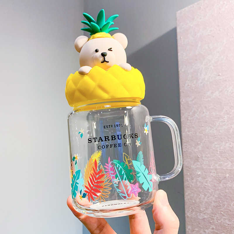 New Starbucks glass cup summer pineapple bear Mason cup small fresh heat-resistant office water cup with cover-image-760148171