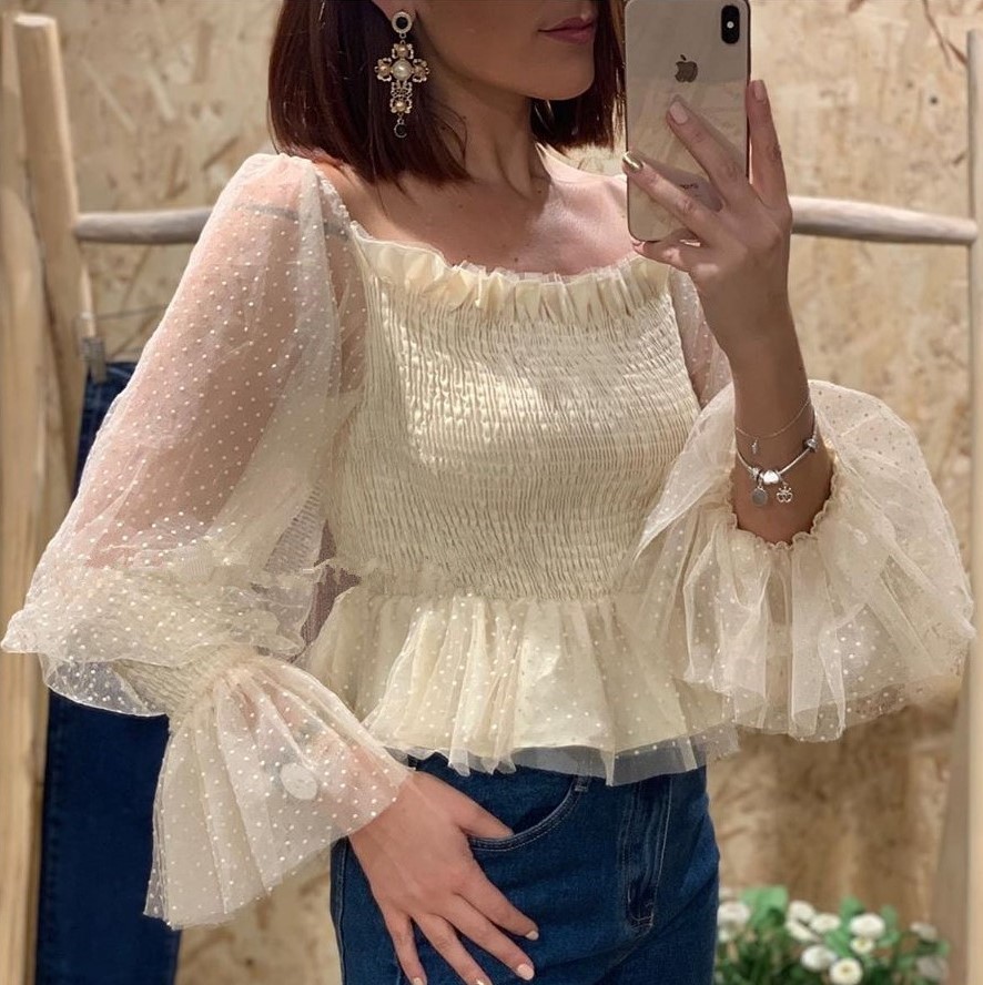 Women Mesh Sheer Blouses Chiffon See-through Long Sleeve Top Shirts Fashion Organza Transparent Lace Shirt Female Blusas-image-758729594