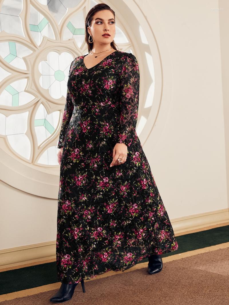 

Plus Size Dresses Women Elegant Oversize Maxi 2022 Spring Floral Boho Large Long Evening Party Wedding Festival ClothingPlus Jasp22, Black