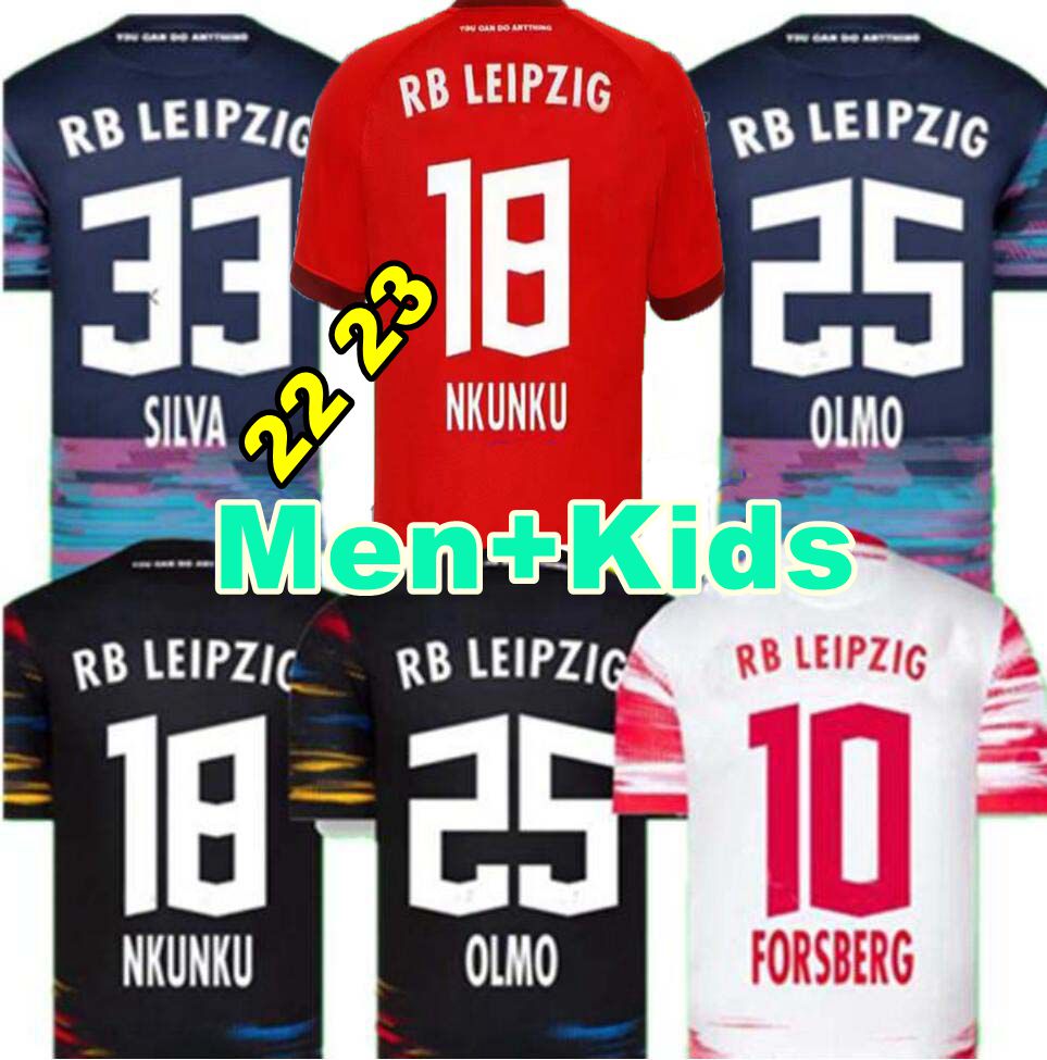 

22 23 RB NKUNKU Leipzigs SILVA Soccer Jersey 2022 2023 RBL football jerseys HAIDARA OLMO SZOBOSZLAI Poulsen Klostermann FORSBERG LAIMER ADAMS Hommes Kits enfants, 22 23 away +patch