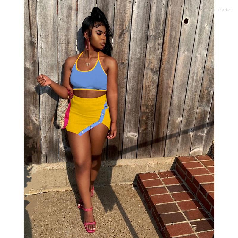 

Work Dresses Summer Clothing 2 Piece Set Women Sexy Lace-up Halter Button Irregular Skirt Suit Club Outfits Lounge Wear Streetwear Wholesale, Red and blue