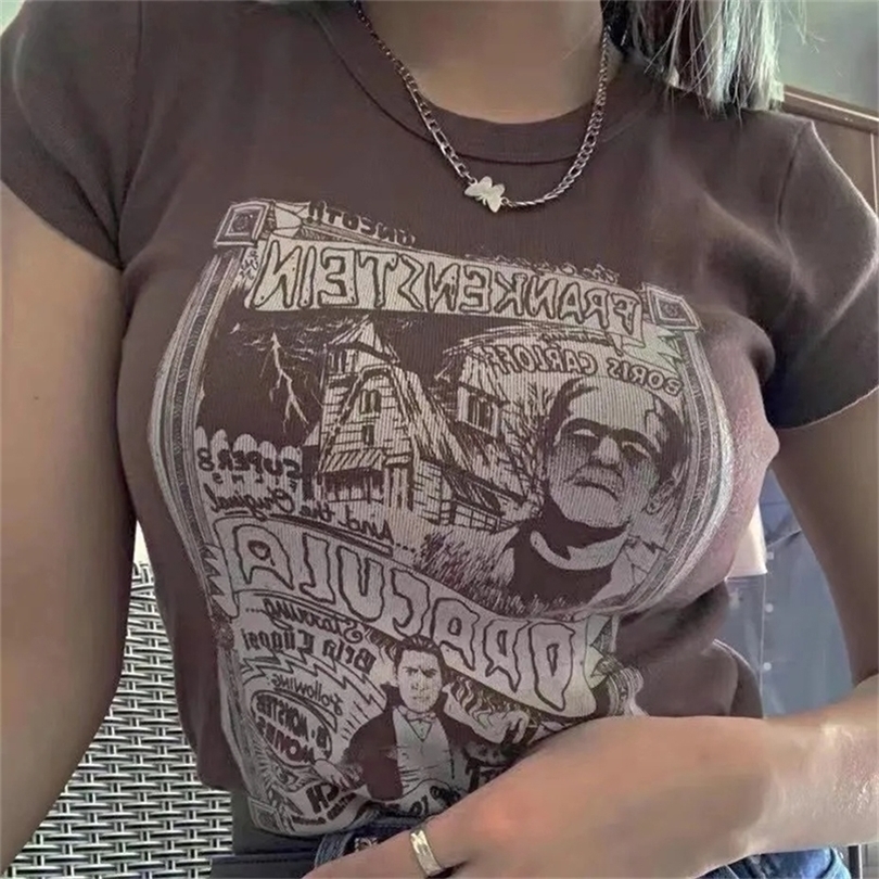 Vintage Grunge Graphique Esthétique Femmes Crop Tops Punk Harajuku Y2K Goth À Manches Courtes Streetwear 90s Imprimer Slim Vêtements Tshirt 22053