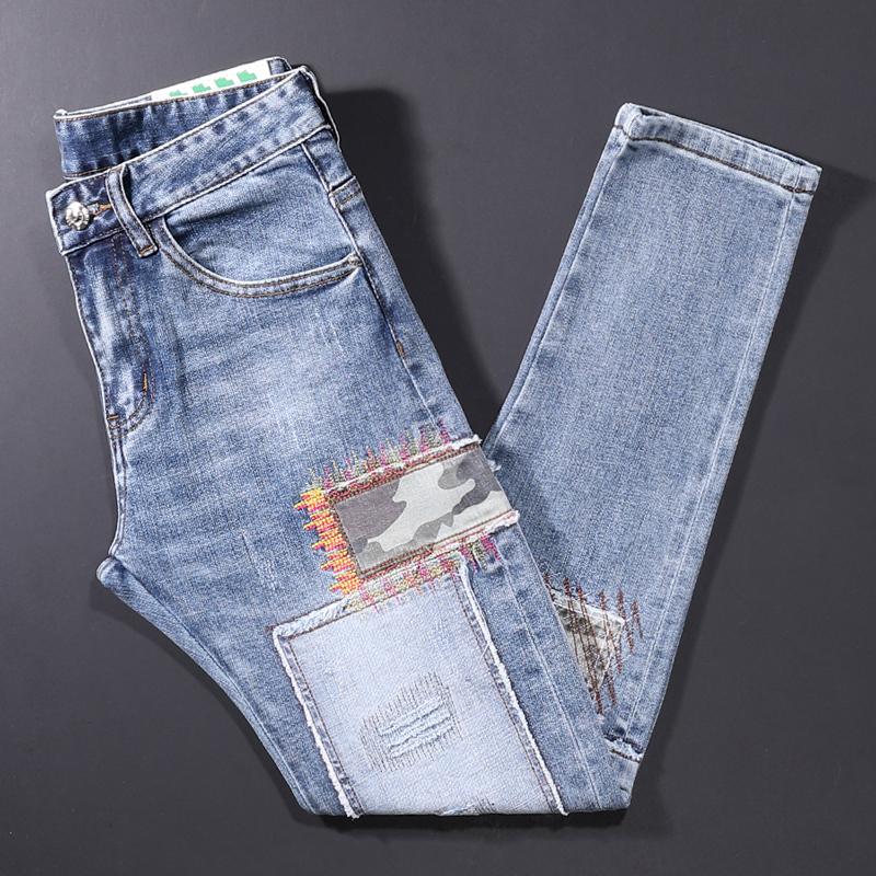 Jeans pour hommes Style de rue mode hommes rétro bleu clair élastique coupe ajustée patchs déchirés concepteur Hip Hop Denim pantalon HombreMen's