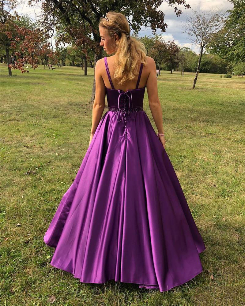 

Purple Satin Evening Dresses 2022 Simple Formal Prom Party Gowns Plus Size Boat Neck Beading Belt Lace-up, Yellow