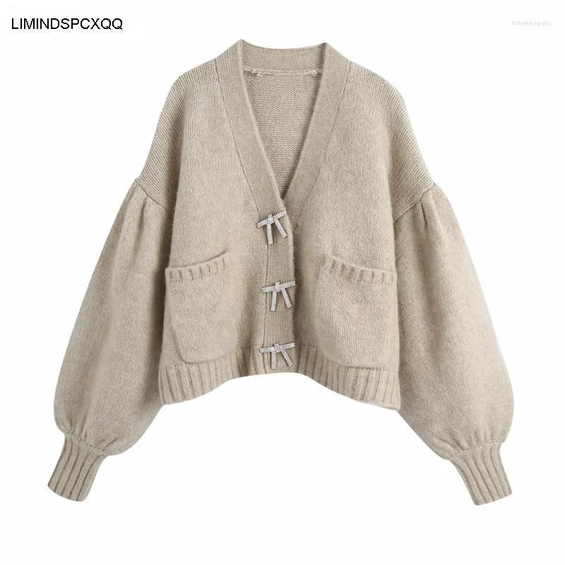 

Women' Knits & Tees Women Fashion Solid Diamond Bow Buttons Leisure Knitting Sweater Femme Chic Lantern Sleeve Casual Cardigan TopsWomen, Beige