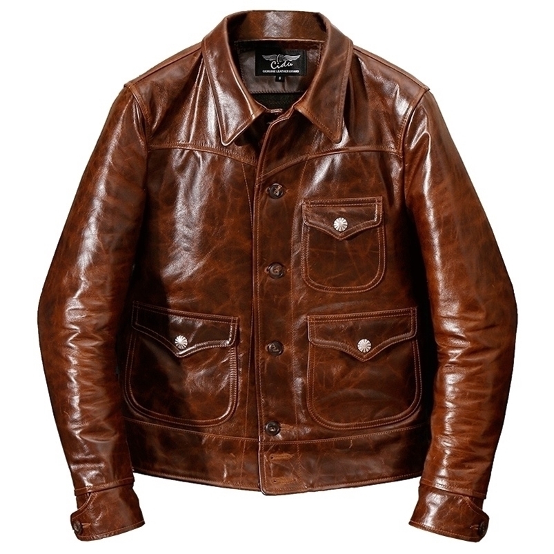 

YR Brand classic casual style oil cowhide jacket man slim genuine leather coat vintage winter warm RL LJ201029, Orange
