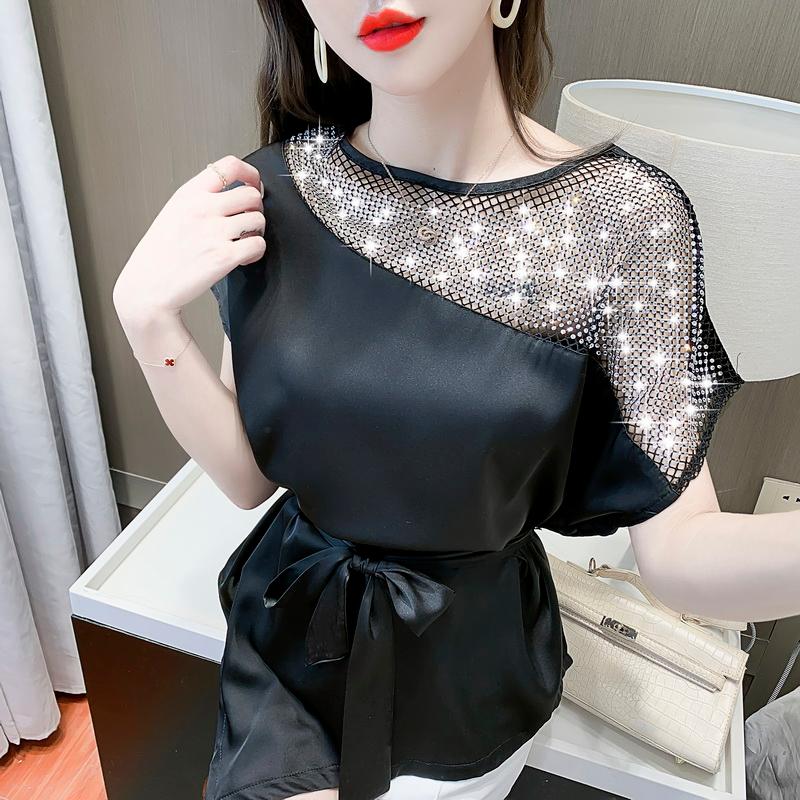 

Women' Blouses & Shirts Sexy Hollow Diamond Shirt Round Neck Women Blouse Patchwork Bowknot Short-sleeve Summer TopWomen, Black