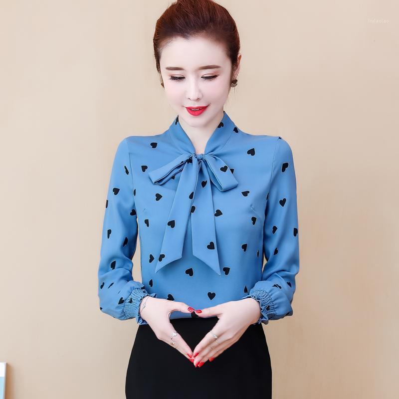 

Autumn Fashion Women Style Chiffon Blouses Shirts Long Sleeve Polka Dot Printed Bow Tie Collar Plus Size Clothing Blouse Women, Blue
