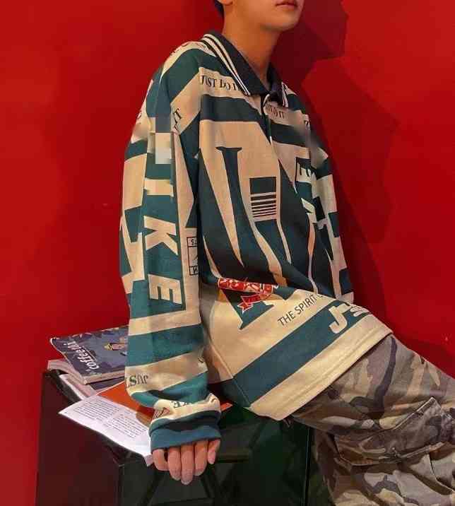 

HoodieUs cpfm co branded Designer high street letter printed loose half button couple polo long sleeve shirt Pullover T-shirt, Dark green