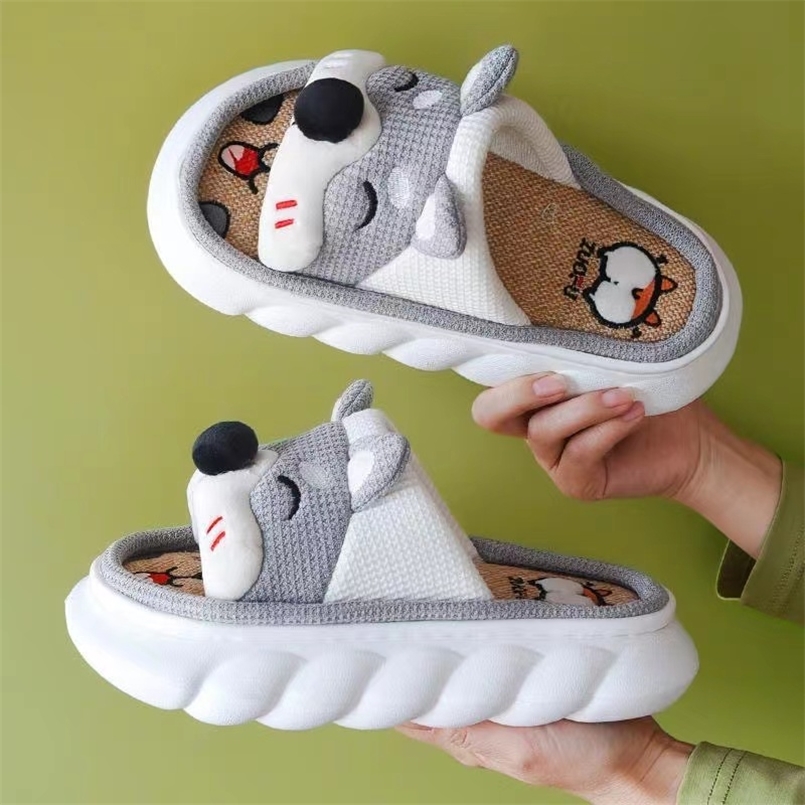 Intérieur été femmes hommes pantoufles dessin animé lin épais plate-forme filles plage dames chaussures doux animaux sandales tongs pantoufles 22