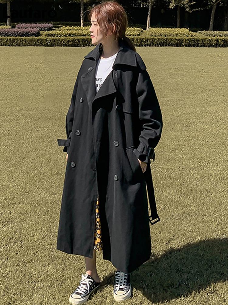 

Women' Trench Coats Lautaro Spring Autumn Long Khaki Black Oversized Coat For Women Double Belt Breasted Loose Casual Korean Fashion 2022Wo