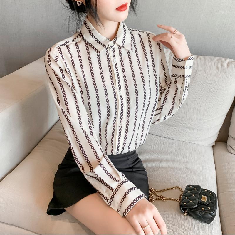 

Women Shirts Blouses Turn-down Collar Striped Shirt Long Sleeve Button Loose Top Plus Size Clothing Women, White