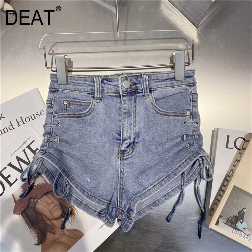 

DEAT Women Side Drawstring Personality Denim Shorts Arrivals High Waist Fashion Temperament Spring Summer 11D950 210709, Blue