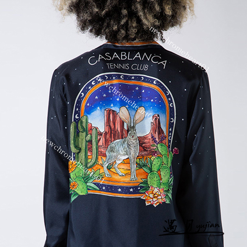 Casablanca 22ss Starry Rabbit Cactus Print Casual Loose Hawaiian Men and Women Long Sleeve Shirt Casablanc Button Up Shirts-image-790035393