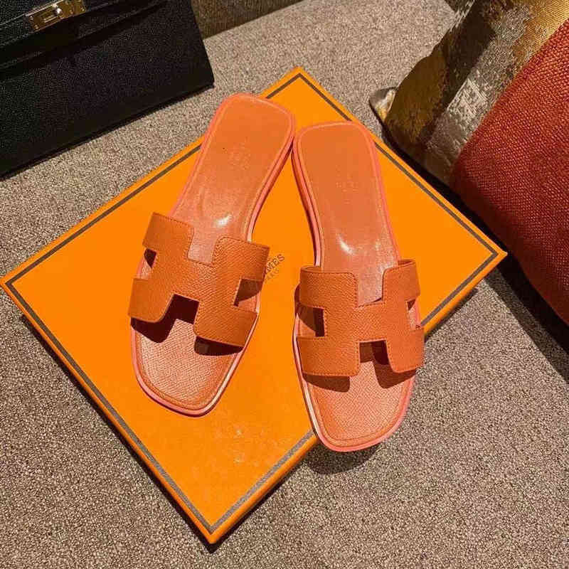 

Designer Herme Slippers Women Oran Sandal Summer Temperament Htype Spring Leather Men and Retro Classic Palmprint v, Palmprint fluorescent blue