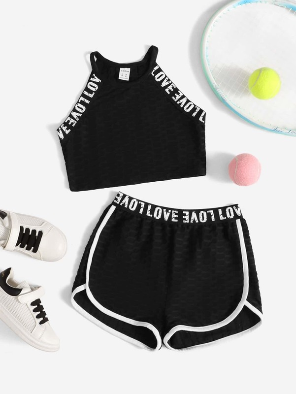 

Girls Letter Tape Trim Halter Top & Dolphin Shorts SHE, Black