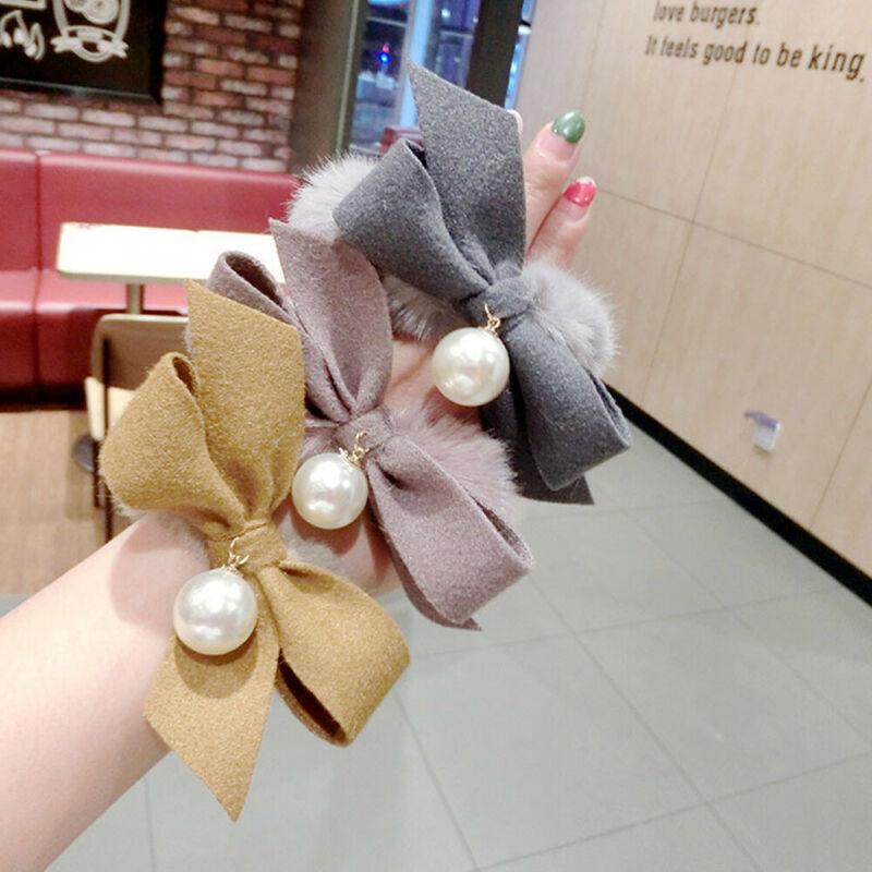 

Bandanas Women Plush Bow Hair Rope Pearl Elastic Hairband Holder Head Band