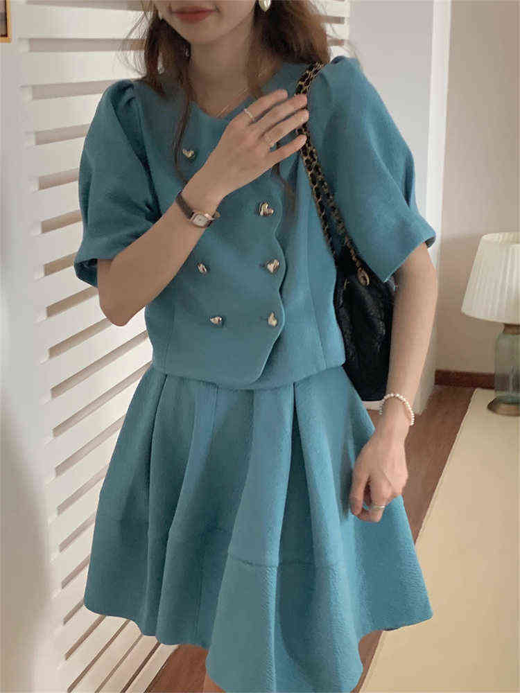 

Summer Suits Female Short Sleeve Wave Trim Tops Jacket Mini Skirt Two Piece Womens Outfits Vintage Ensemble Femme 2 Pieces J220813, Picture color set