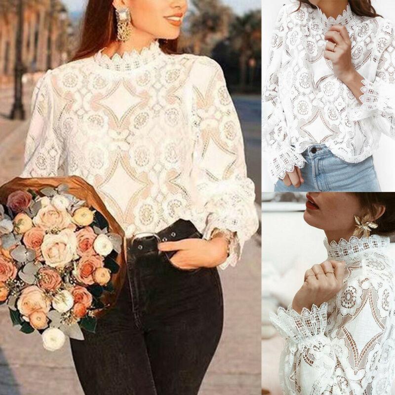 

Women' Blouses & Shirts Fashion Women Long Sleeve Lace Blouse Ladies Turtleneck Flowers Hollow Out Chiffon Tops, As pic