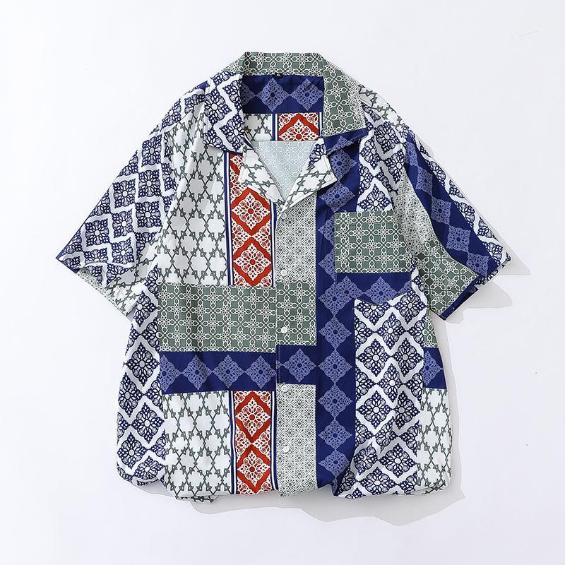 

Summer Shirts Men Printed Pattern Loose Short Sleeve Fashion Causal Plus Size Button Blouse Turn-down Tops Clothing Male Men's Casual, Nt26