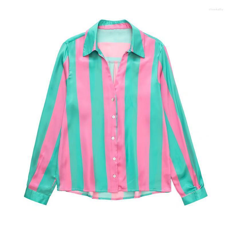 

Women's Blouses & Shirts Striped Shirt Women 2022 Fashion Elegant Print Top Casual Street Mix Match Summer Youth Long Sleeve BlouseWomen's C, Green