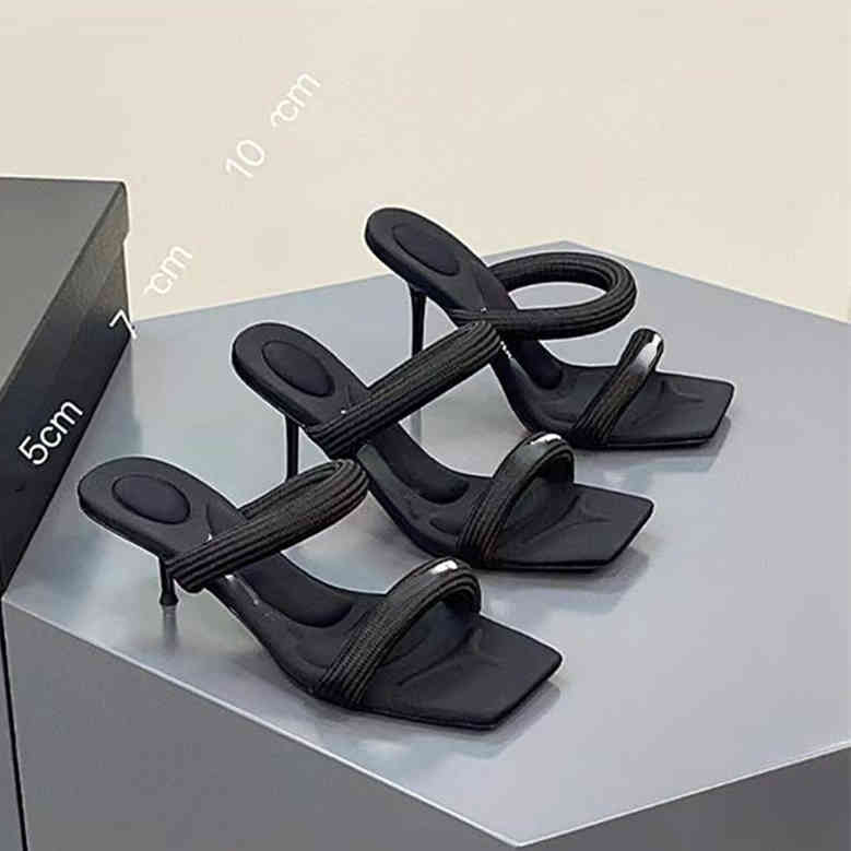 

2022 new summer silk herringbone high-heeled sandals women's headdress ribbon black open toed stiletto slippers, 5 cm