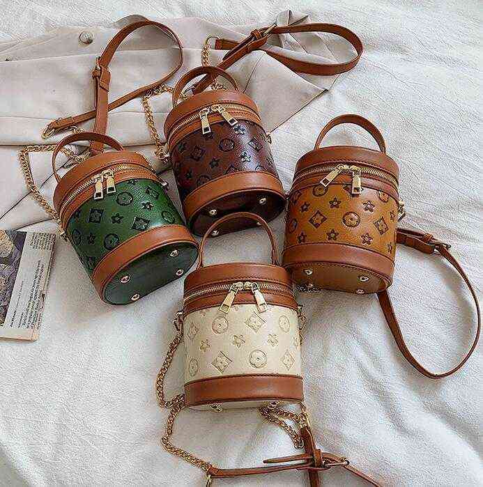

4colors Leather Desinger KidsFlower Print Chain Handbags Embossing circular Bucket Bags PU Messenger coin purse single shoulder bag, Beige