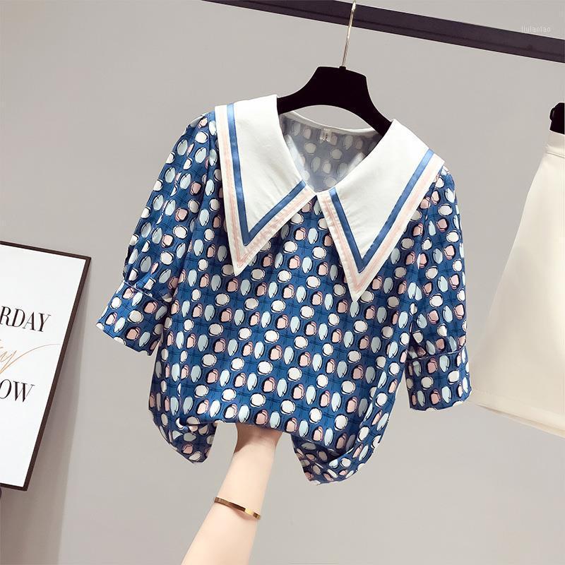 

Women' Blouses & Shirts Short-sleeved Chiffon Shirt Summer Thin Section 2022 Floral T-shirt Doll Collar Top, Blue