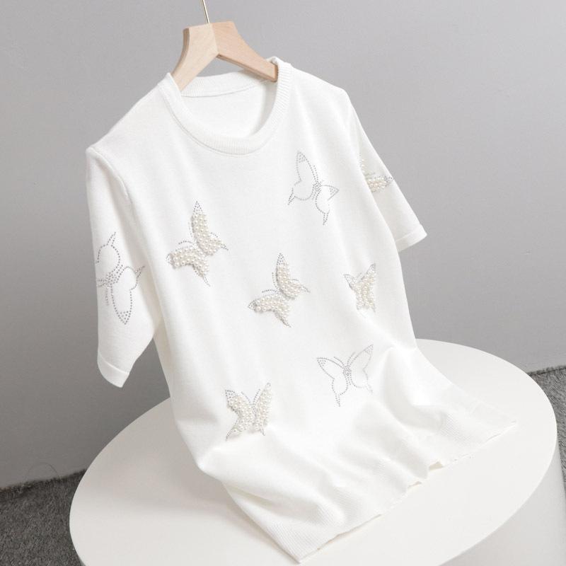 

Women' Blouses & Shirts Beading Drilling Butterfly Sweater Women O-Neck Short Sleeve Knitted Top White Black 2022 Summer Pullover