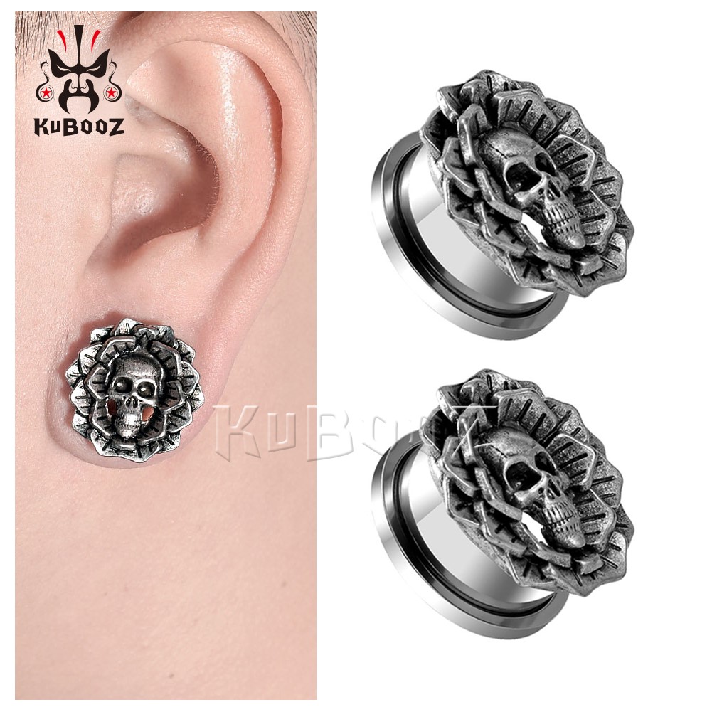 

KUBOOZ Stainless Steel Flower Skull Ear Plugs Tunnels Earrings Piercing Body Jewelry Stretchers Wholesale 6mm to 25mm 48PCS