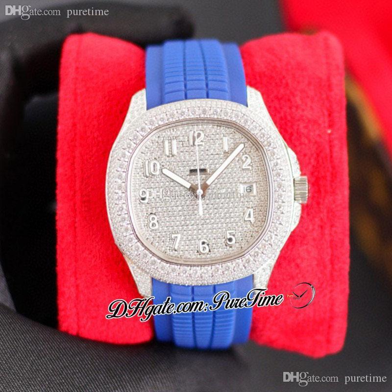 SF 40mm 5167A Paved Diamonds A324 Automatic Mens Watch Fully Iced Out Diamond Case Blue Rubber Strap Super Edition Bling Bling Hip Hop Jewelry Wa