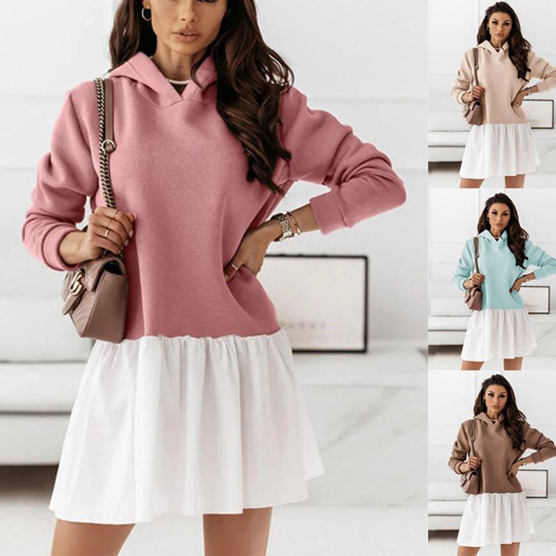 

Casual Dresses Office Lady Pure Color Autumn Winter Patchwork Hooded Dress Long Sleeve Fashion Fake Two-piece Loose Women' ClothingCasu, Khaki