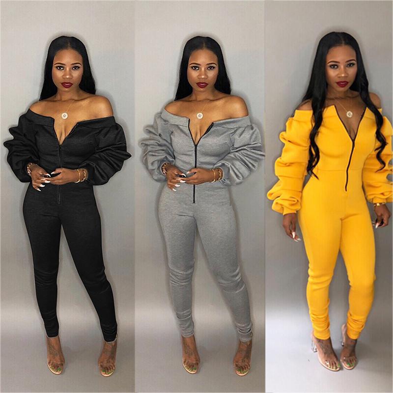 

Women's Jumpsuits & Rompers Women Longsleeve Jumpsuit Elegant Lantern Sleeve Front Zip Female Romper Sexy Outfits Off Shoulder Party Club Pl, Gray