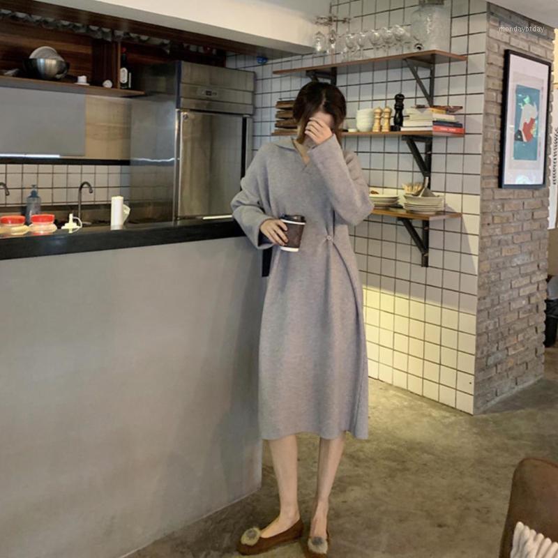 

Casual Dresses Turn Down Collar Knitted Dress Women Thicken Solid Color Arrival Long Sleeve Loose Sweater Autumn Clothes, Black