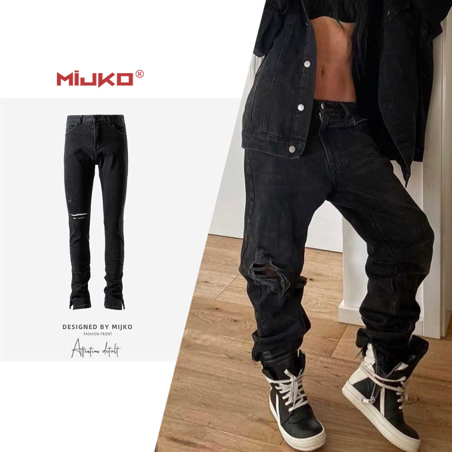 

Men's Jeans Mijko men's wear women's spring and summer new products blvckd0pe style one knee damage pants leg slit slightly pull black jeans tide