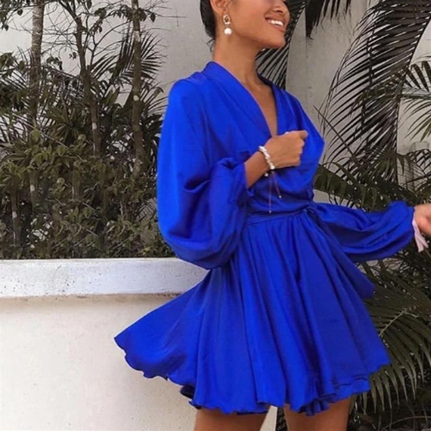 

Designer Sexy Women Long Sleeve V Neck Solid Dresses Female Fashion Elegant Mini Short Casual Party Dress With Sashes E222223, Brown