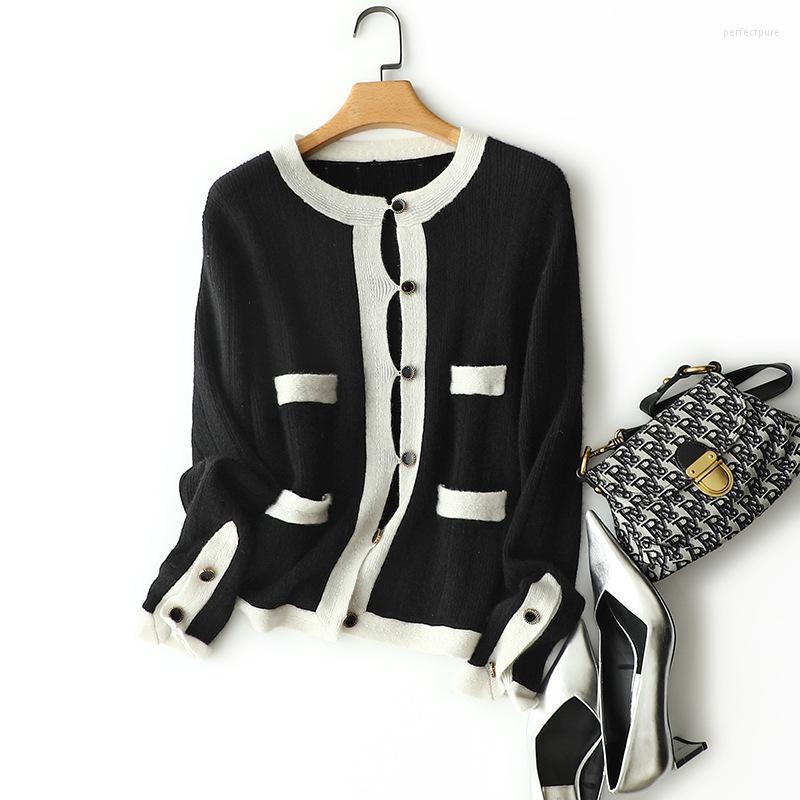 

Women's Knits & Tees Shuchan Black And White Knitted Cardigan100% Cashmere Single Breasted O-Neck Woman Sweaters England Style A-straight Pe