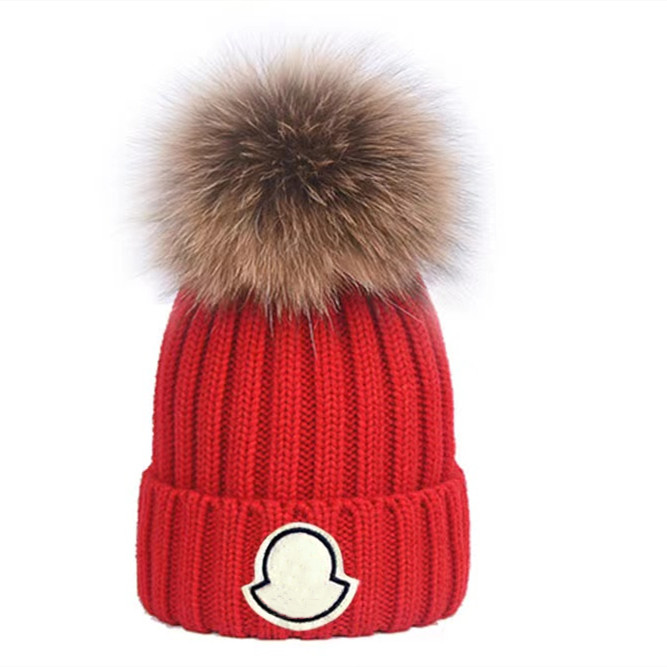 

High quality winter hats for women and men beanie hats with genuine raccoon fur pompoms warm Snapback, Red