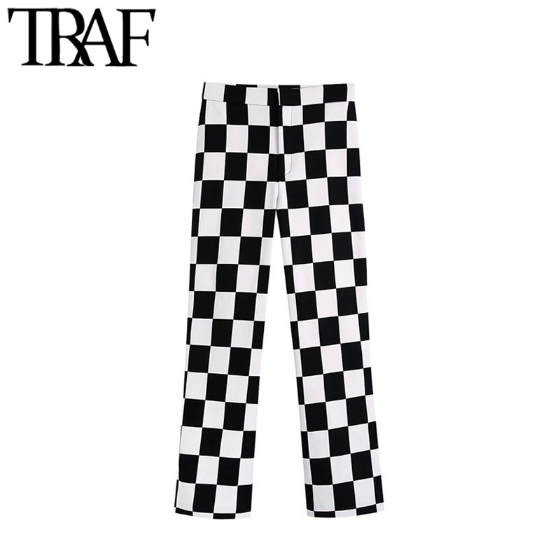 

TRAF Women Chic Fashion Chequered Print Straight Pants Vintage High Waist Zipper Fly Female Ankle Trousers Mujer 220524, Skirt