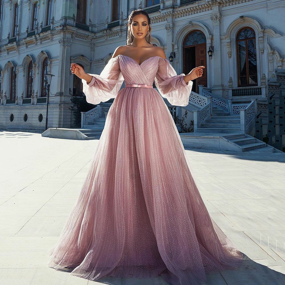 

Exquisite Pink Glitter Prom Dresses Off the Shoulder Sequined Evening Dress Custom Made Beads A Line Puffy Long Sleeves Red Carpet Celebrity Party Gown, Purple