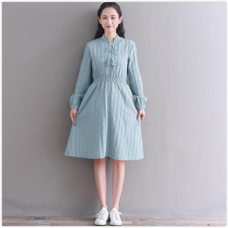 

Casual Dresses Autumn Fashion Dress 2022 Arrival Long Sleeve Solid Pleated, Blue