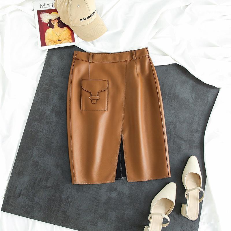 

Skirts Genuine Leather 2022 Fashion Style Medium Length Split Skirt, Black