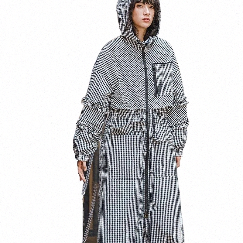 

women' Trench Coats NANASTYLE Spring Autumn Fashion Long Sleeve Ruffle Black White Plaid Zipper Hooded Tunic Coat Windbreaker For Women 37gw#