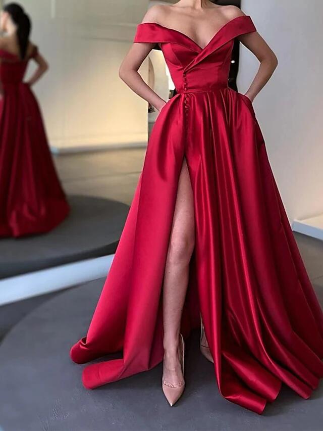 

A-Line Minimalist Sexy High Split Engagement Prom Birthday Dress Off Shoulder Sleeveless Floor Length Satin with Pleats Slit 2022 Evening dress, Sage