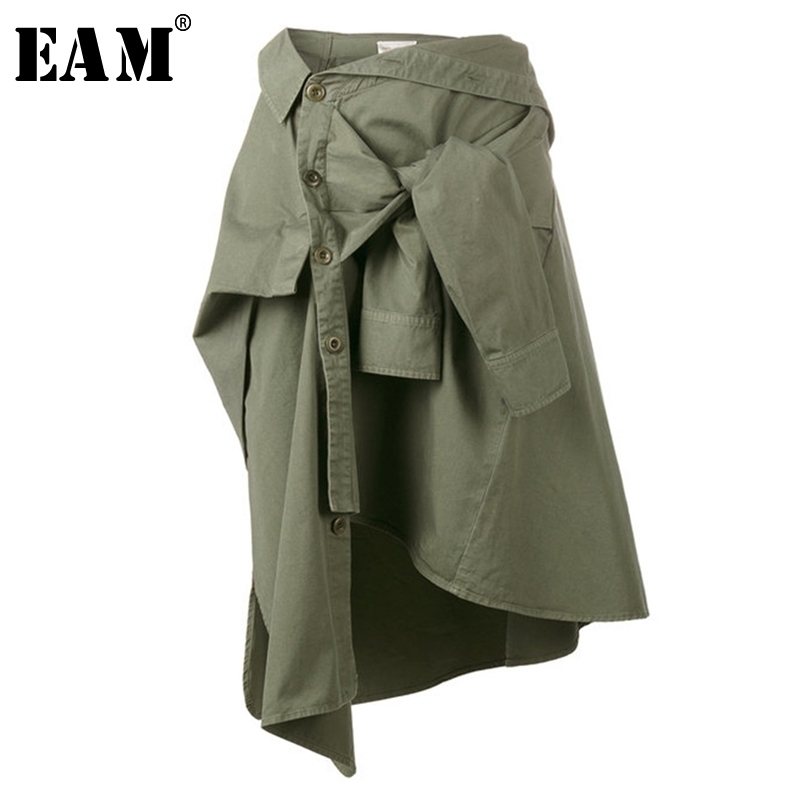 

EAM Spring High Waist Army Green Knot Irregular Split Joint Loose Halfbody Skirt Women Fashion JG664 Y200326