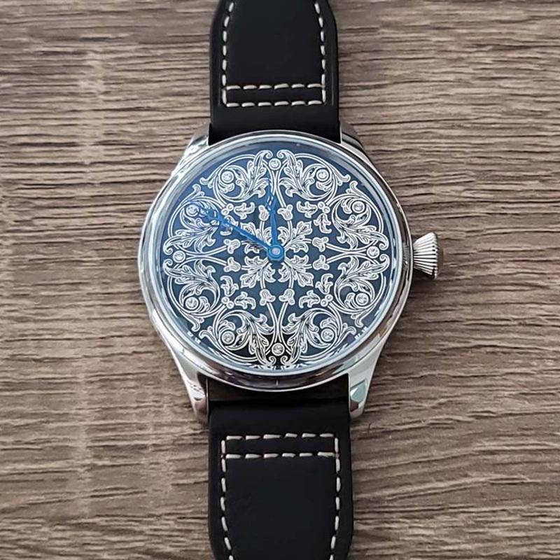 

Wristwatches No Logo 44 MM Luxury Carved Dial Watch Mechanical Manual Movement Men Leather Strap Stainless Steel CaseWristwatches, As pic