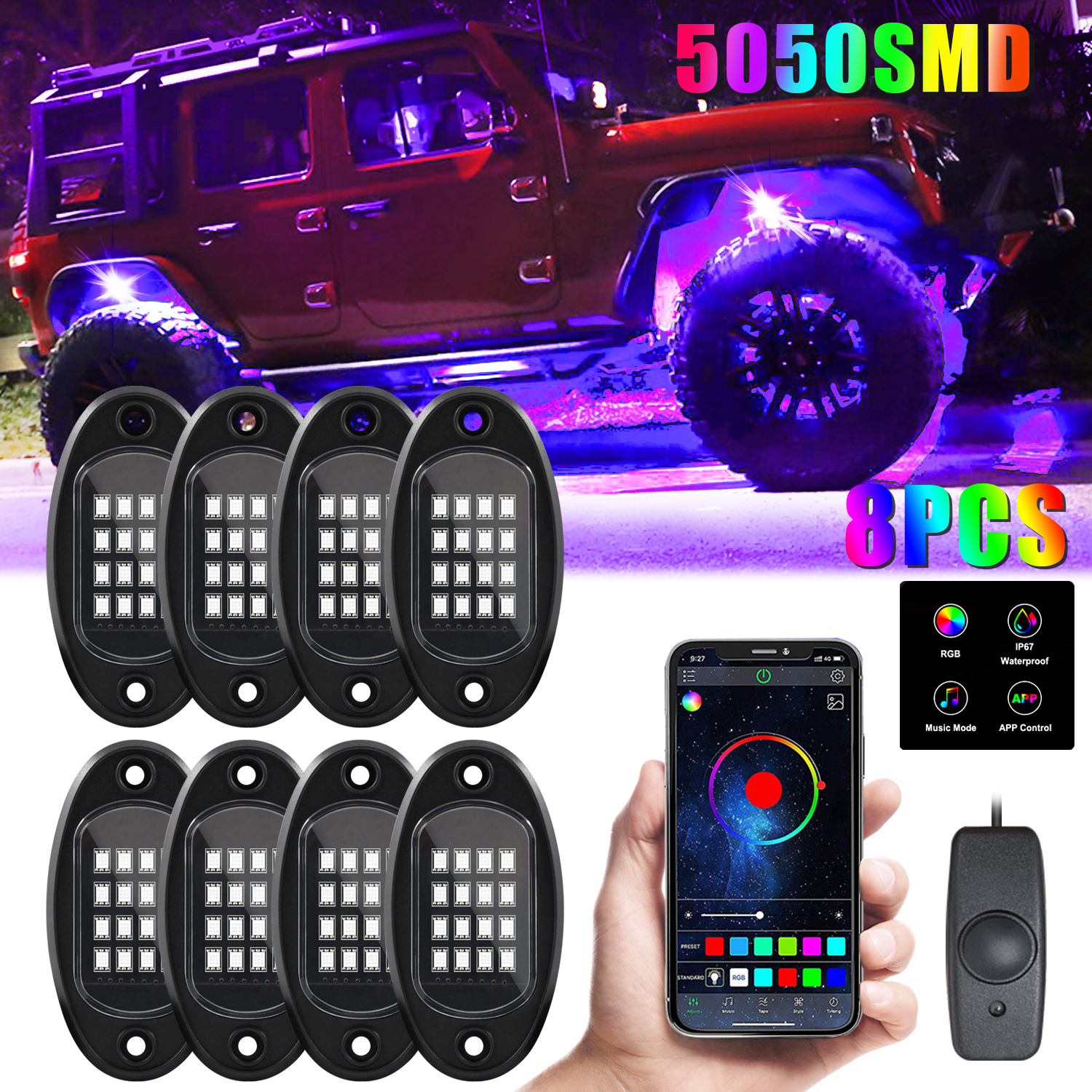 

Waterproof RGB LED Rock Light Under glow Neon LED Light Kit Bluetooth APP Remote Control Chassis Decorative Music Lamps for Car